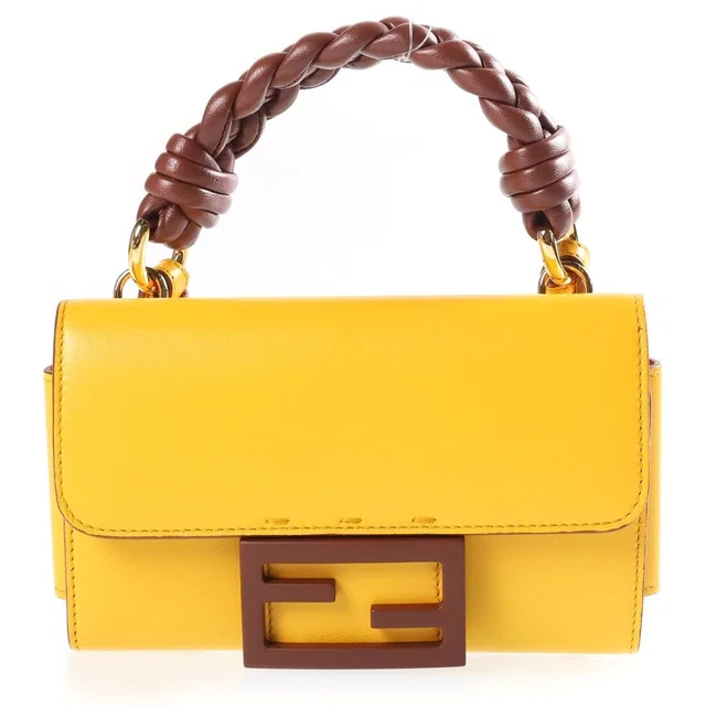Fendi Baguette Phone Pouch Mini Handbag Yellow Brown Leather Gold in Brown Leather from The Reluxe