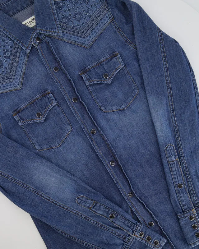 Saint Laurent Blue Denim Button-Up Shirt with Embroideries Size S (UK 8) in Blue Denim from Sellier