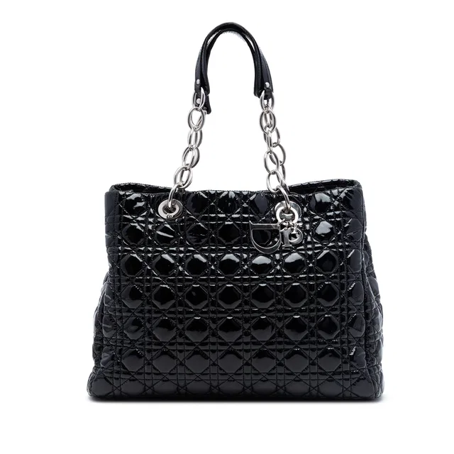 Black Dior Large Patent Cannage Lady Dior Soft Shopping Tote in Black Patent leather from Designer Revival