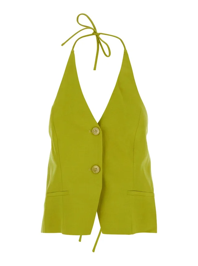 Twinset Yellow Vest with V-Neck and Drawstring Closure on Neck and Back in Blend Linen for women in Yellow 75% Lyocell 25% Linen, photo 2 of 6 from Gaudenzi Boutique