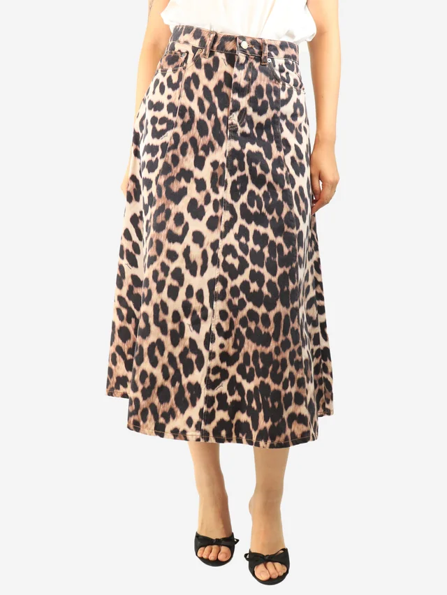 GANNI Brown leopard print midi skirt - size UK 10 in Brown from Sign of the Times