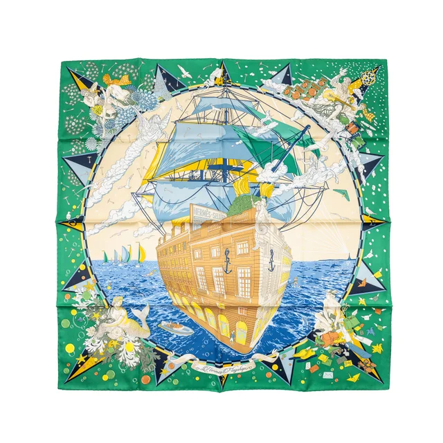 90cm Silk Scarf “Hermes Flagship” Green / Multicolour in Green Silk from EMIER