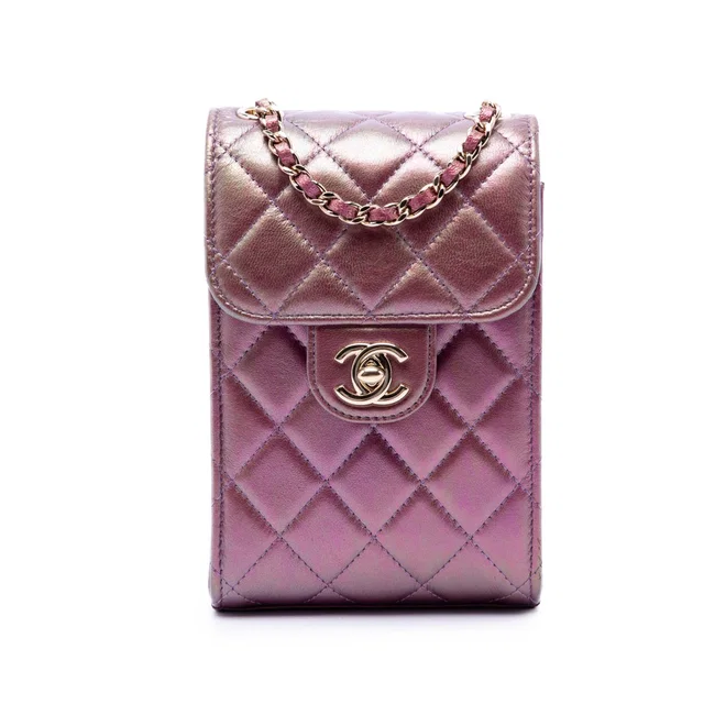 Purple Chanel CC Quilted Iridescent Lambskin Phone Holder with Chain Crossbody Bag in Purple Lambskin from Designer Revival