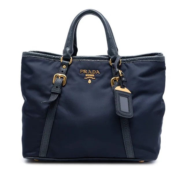 Blue Prada Vitello Daino Trimmed Tessuto Satchel in Blue Nylon from Designer Revival