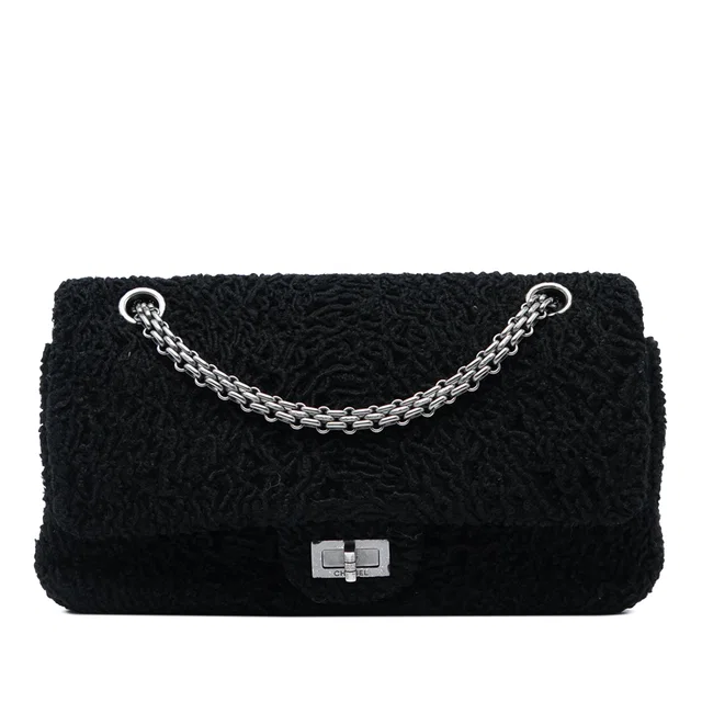 Black Chanel Boucle Wool Reissue 2.55 Double Flap 225 Shoulder Bag in Black Wool from Designer Revival