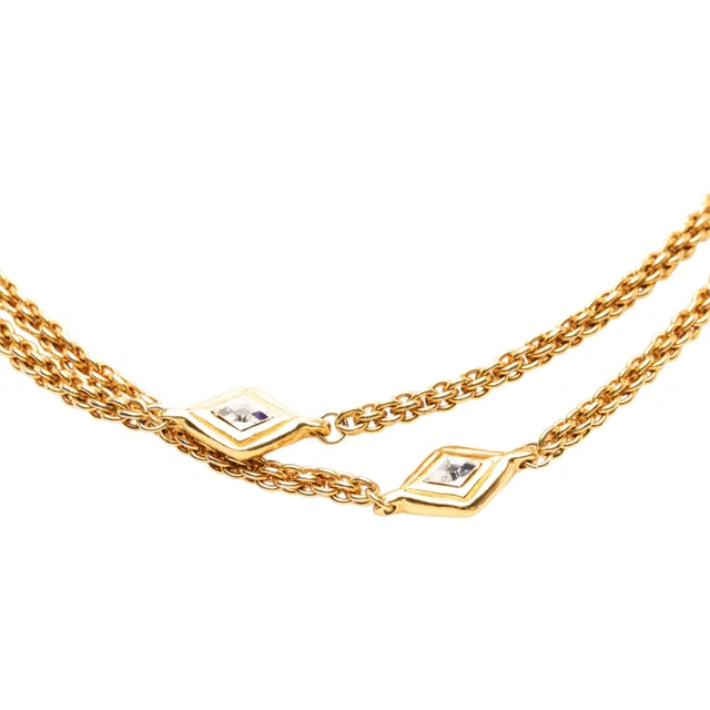 Gold Chanel Gold Plated Diamond Strass Station Chain Long Necklace in Gold from Designer Revival