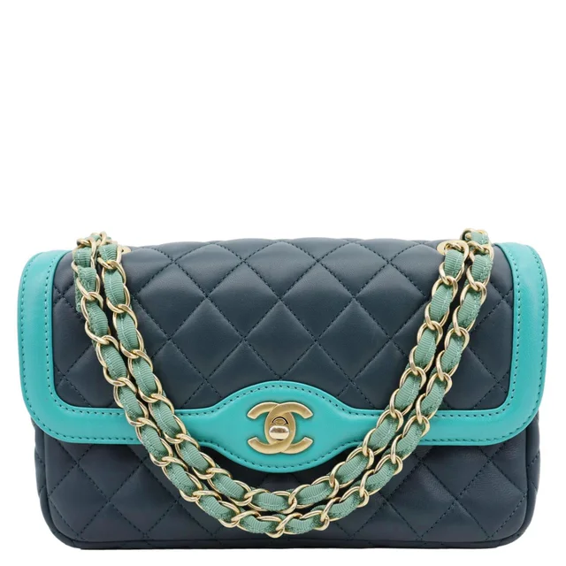 Chanel Bi-Color Flap Quilted Lambskin Leather Crossbody Bag Turquoise in Blue Lambskin from Dallas Designer Handbags