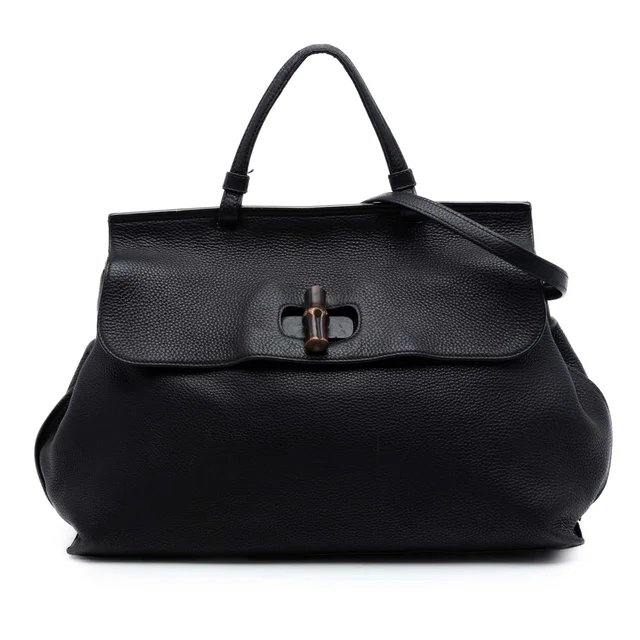 Black Gucci Large Calfskin Bamboo Daily Satchel in Black Calfskin from Designer Revival
