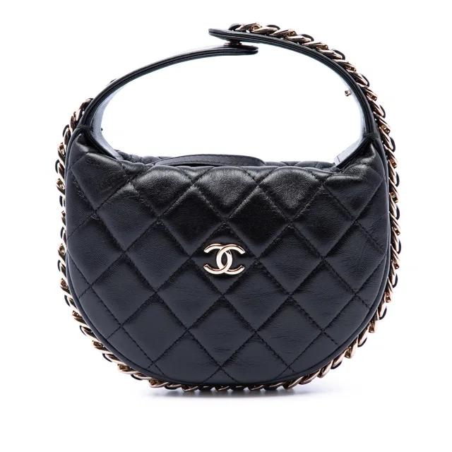 Black Chanel Mini Quilted Lambskin Chain Around Pouch Handbag in Black Lambskin from Designer Revival