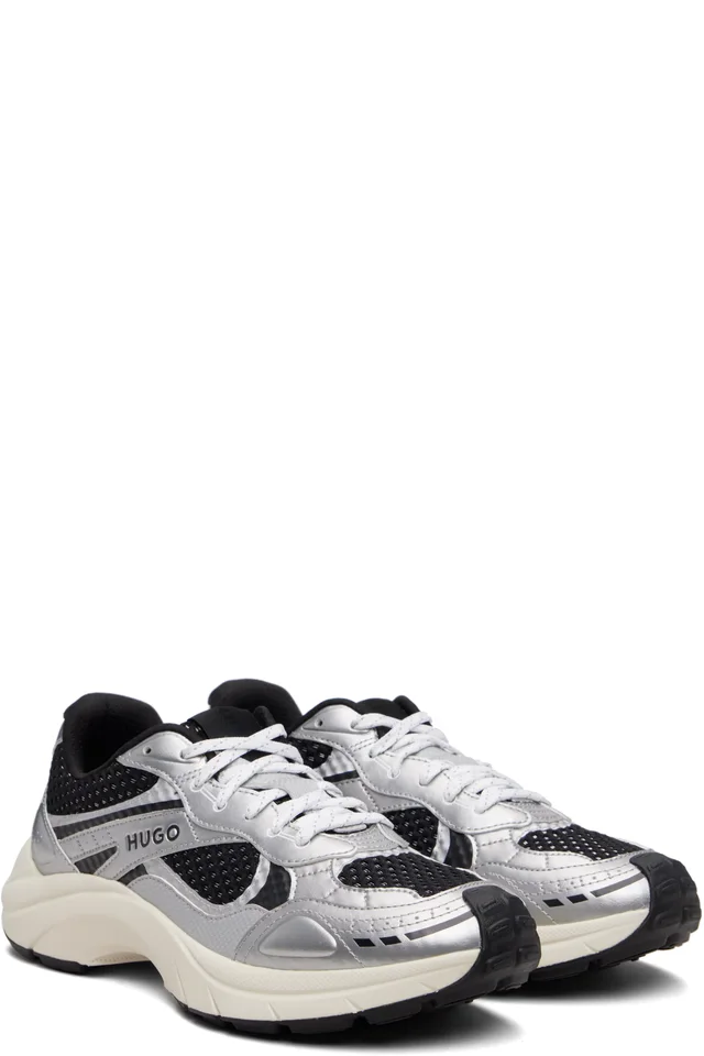 Hugo Silver & Black Mesh Faux-Leather Sneakers, photo 4 of 5 from SSENSE