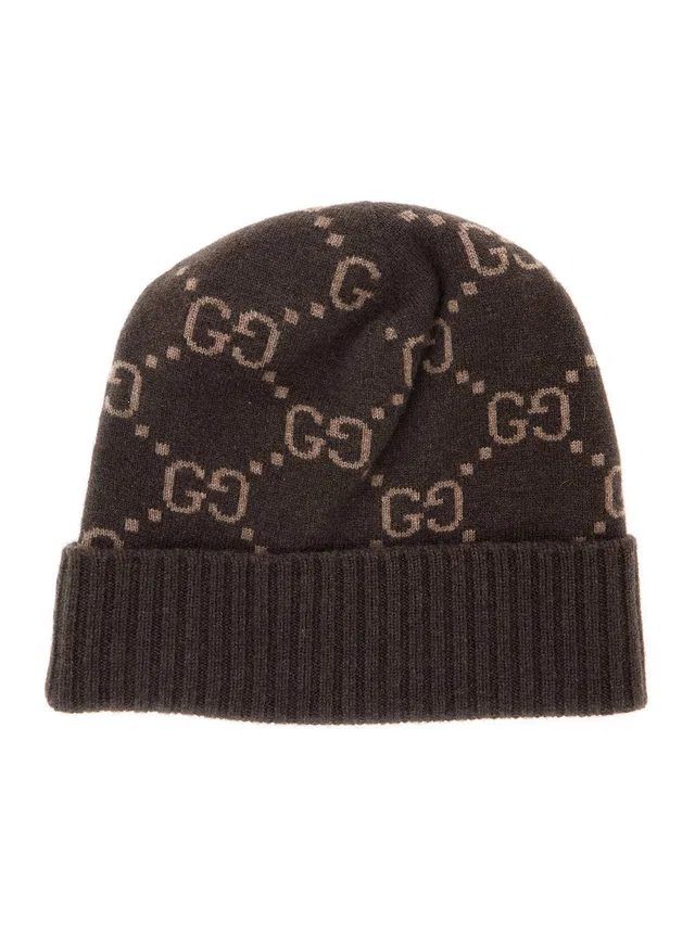 Gucci 811392 Gg Jacquard Cashmere Beanie — Brown Beanies in Brown Cashmere from HEWI