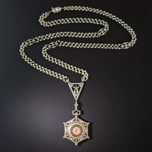 Edwardian Diamond and Pearl Boucheron Watch Necklace in Woven leather from Lang Antiques