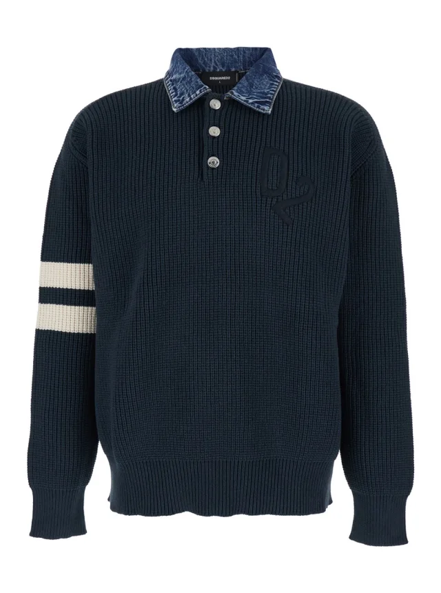 Blue Sweater with Denim Collar and Logo Embroidery on Front in Cotton Blend for Men in Blue, image 1 of 1 from Gaudenzi Boutique