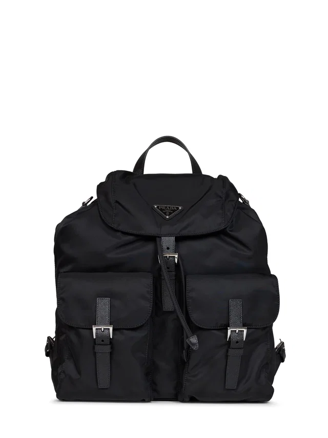 Prada Re-Nylon With Saffiano Leather Trim Backpack — Black Recycled Polyamide in Black Saffiano leather from HEWI