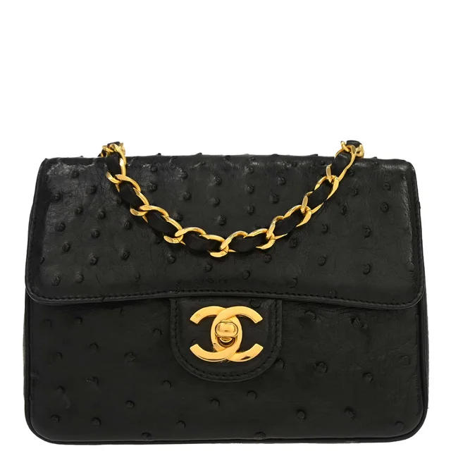Chanel 1986-1988 Black Ostrich Mademoiselle Mini Classic Square Flap Bag 17 in Black Ostrich from AMORE Vintage Tokyo