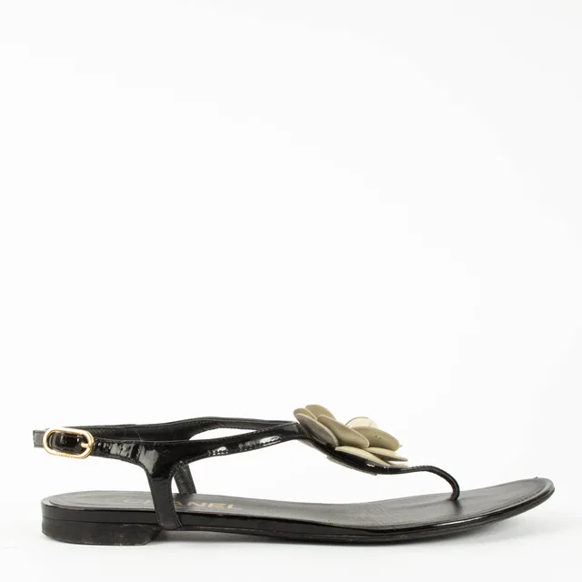Chanel Black Camellia Flat Sandals - Size 37,5 in Black from Labellov