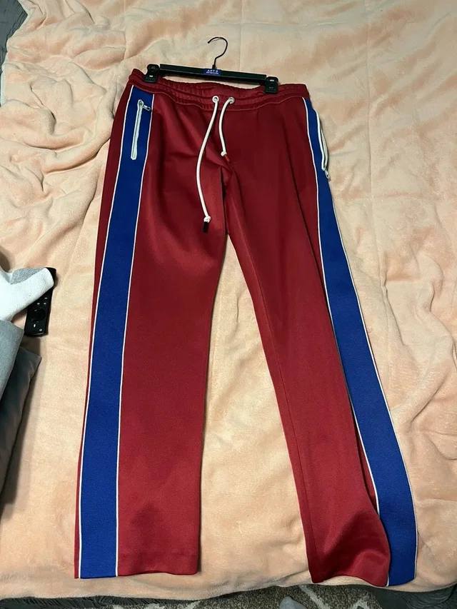 Moncler Track Pants Red With Blue Stripe, Men's (Size 30) in red from Grailed