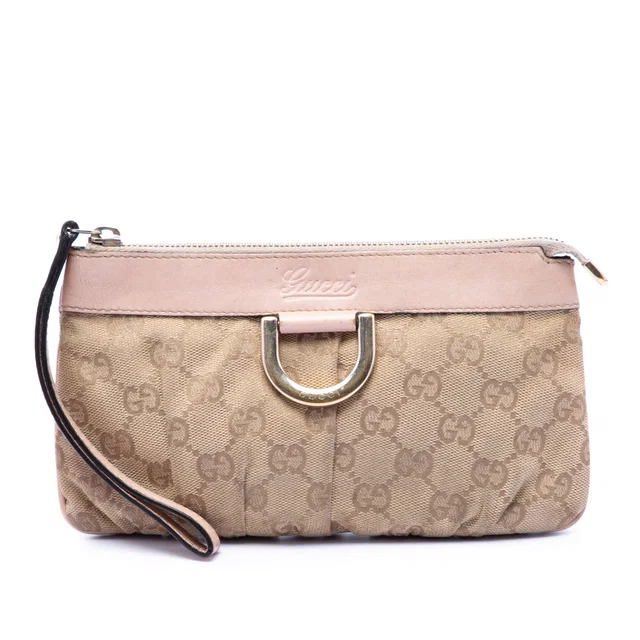 Beige Gucci GG Canvas Abbey D Ring Wristlet Pouch in Beige Canvas from Designer Revival