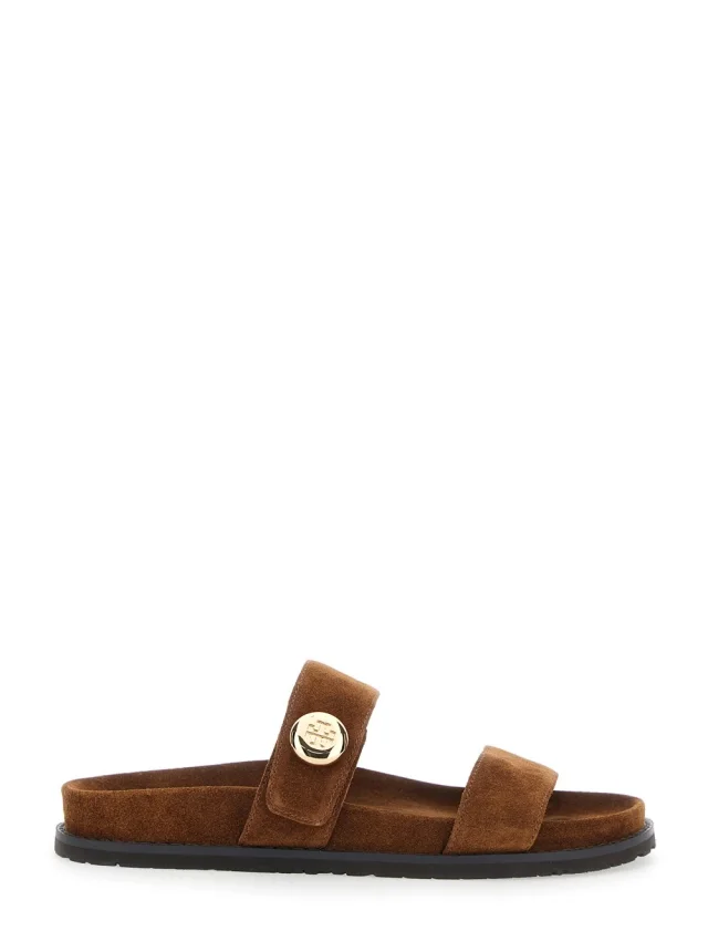Tory burch Romy Sandals with Logo Plate on the Front in Brown Suede for Women in Brown 100% Bovine from Gaudenzi Boutique, photo 1 of 1