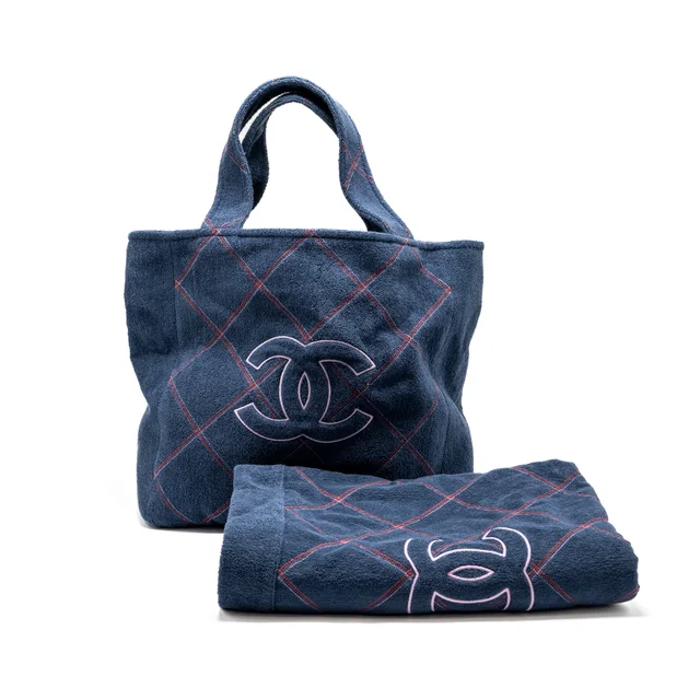 Chanel Coco Beach Tote Bag with Towel/Pouch Set Terry Cloth Navy SHW in Navy from EMIER