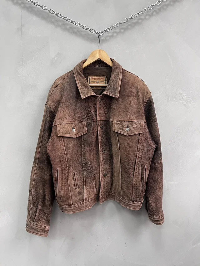 Diesel Vintage Trucker Distressed Y2K Leather Jacket in Brown, Men's (Size Large) in brown|red Leather from Grailed