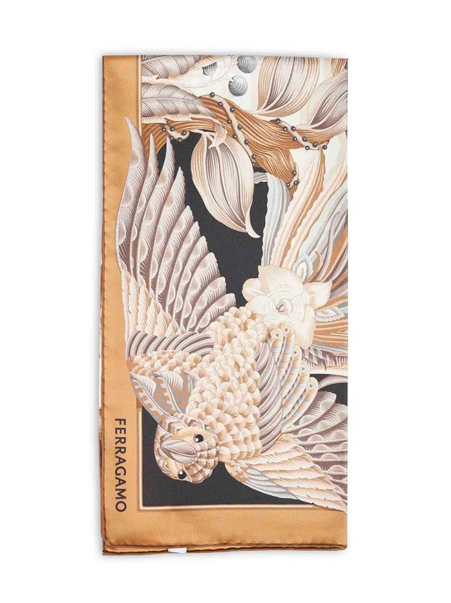 Ferragamo Parrots Print Silk Scarf — Beige Scarfs in Beige Silk from HEWI