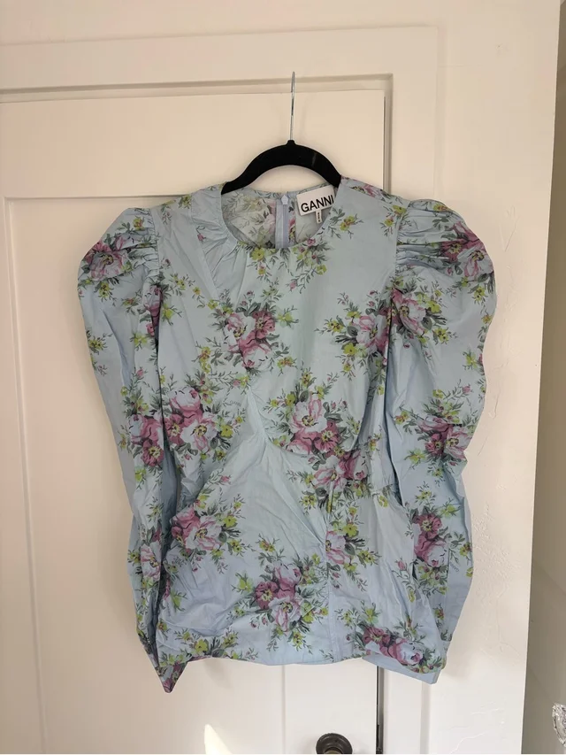 GANNI Light Blue Floral Puff-Sleeve Blouse in blue|pink from Poshmark