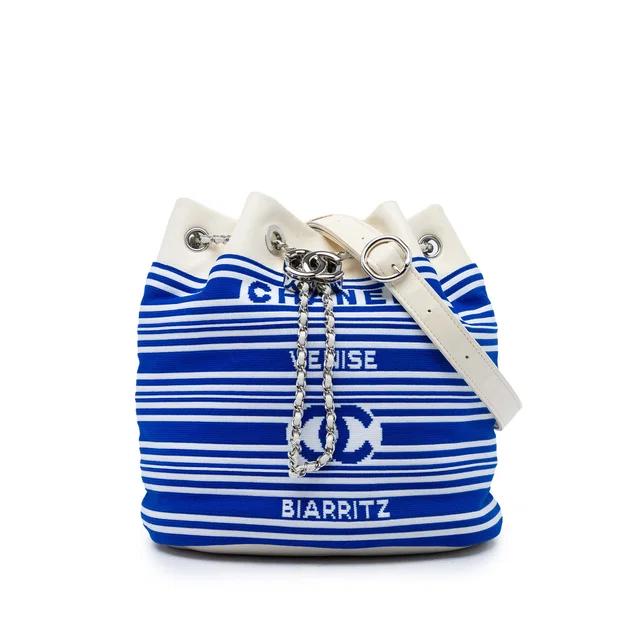 Blue Chanel Venise Biarritz Mixed Fibers and Lambskin Drawstring Bucket Bag in Blue Lambskin from Designer Revival