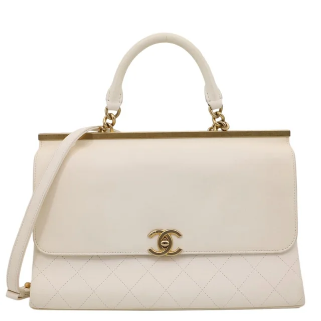 Chanel Coco Luxe Flap Quilted Lambskin Leather Top Handle Shoulder Bag White in White Lambskin from Dallas Designer Handbags