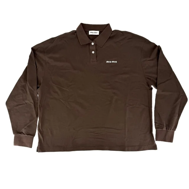 Miu Miu Polo Shirt Cotton Pique Long Sleeve Top Brown White Spring Autumn in Brown from The Reluxe