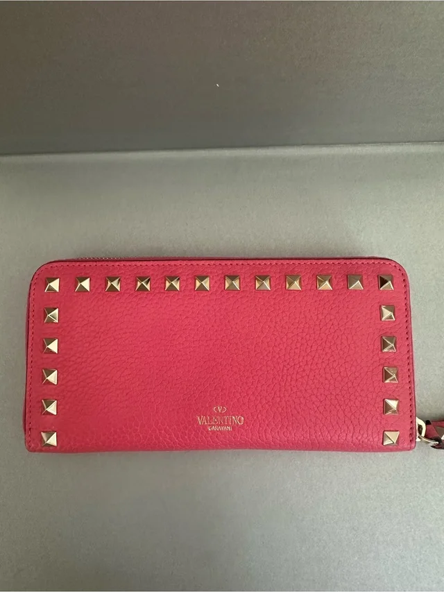 Valentino Garavani Pink Leather Zip-Around Wallet With Gold Rockstuds - Obo in gold|pink Leather from Poshmark