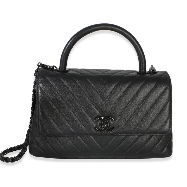 Chanel Black Caviar Chevron So Black Small Coco Top Handle Bag in Black Caviar leather from myGemma