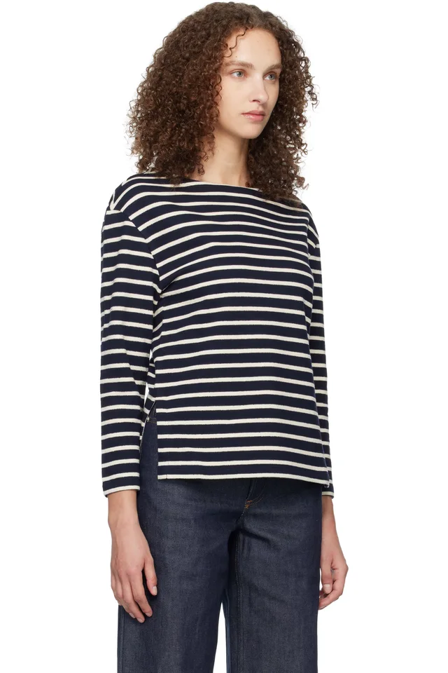 A.P.C. Navy Striped Three-Quarter Sleeve T-shirt, photo 2 of 2 from SSENSE