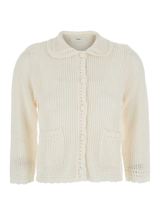 DUNST White Sweater with classic collar and crochet work in Linen and Cotton blend Woman in White 55% Linen 45% Cotton, photo 2 of 6 from Gaudenzi Boutique