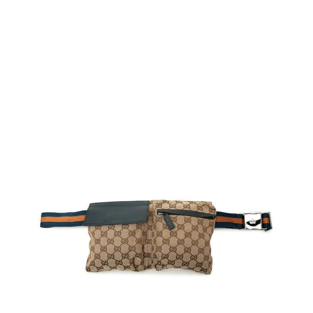 Beige Gucci GG Canvas Web Double Pocket Belt Bag in Beige Canvas from Designer Revival