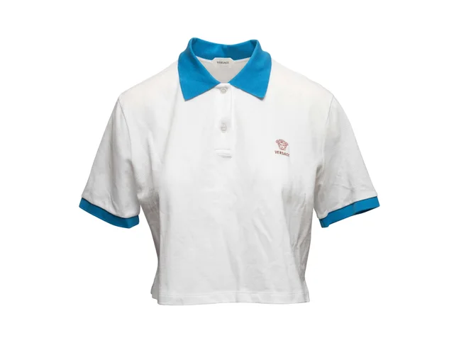 White & Blue Versace Cropped Logo Polo Shirt Size IT 44 in White from Designer Revival, photo 1 of 1