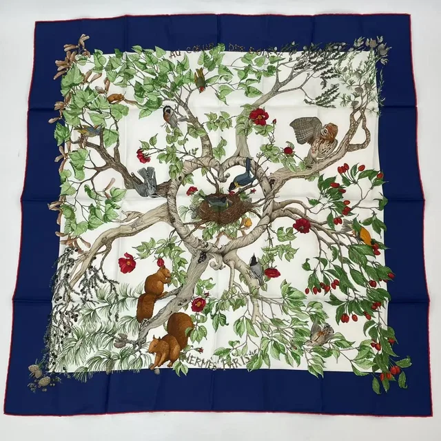 Hermès Carre 90 Coeur Des Bois In The Woods Navy 100% Silk Scarf in Navy Silk from The Reluxe