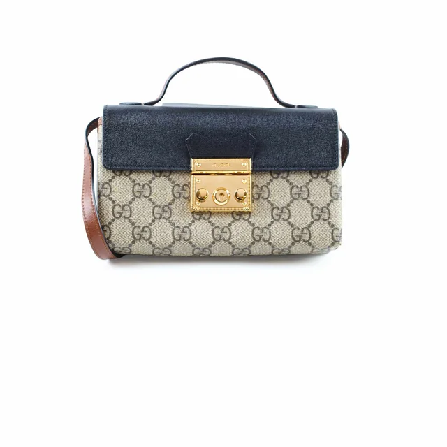 Gucci GG Supreme Padlock Mini Top Handle Shoulder Bag Brown/Black in Black Canvas from The Purse Affair