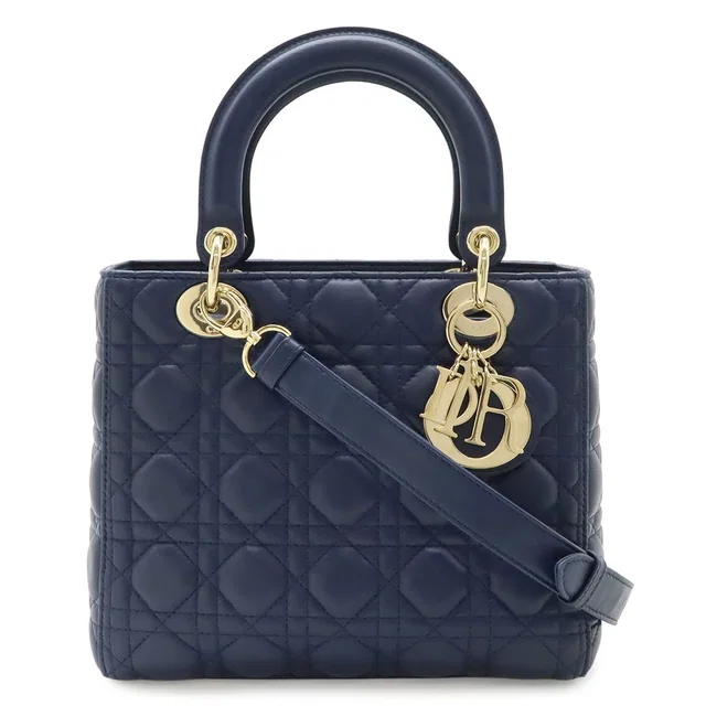 Dior Cannage 2-Way Shoulder Bag Leather Navy Gold in Navy Leather from The Reluxe