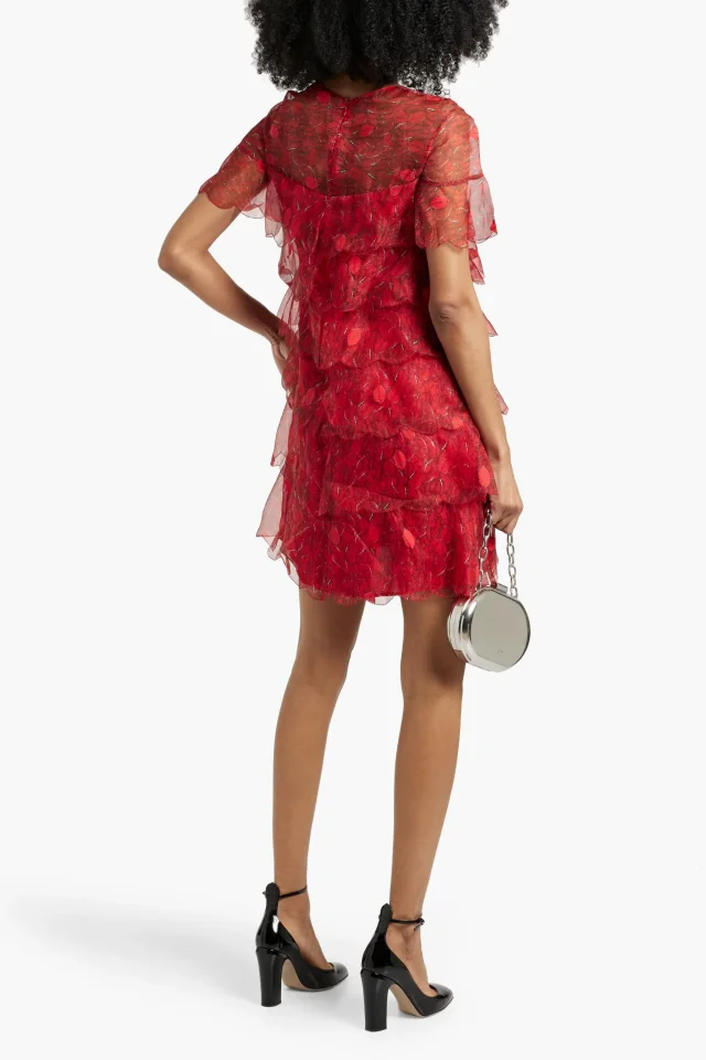 Valentino Garavani Tiered Printed Silk-Chiffon Mini Dress in Red, photo 3 of 4 from THE OUTNET