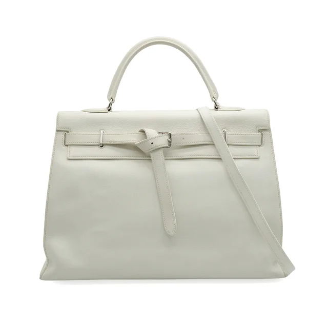 Hermès Kelly Flat 35 White Veau Swift Hand Shoulder Bag 2007 Square K Palladium Hardware from Luxury Promise