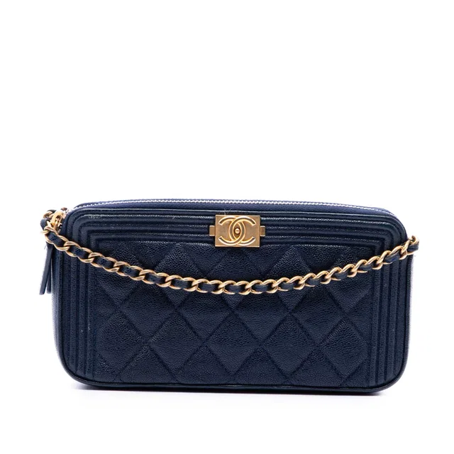Blue Chanel Quilted Caviar Boy Double Zip Wallet On Chain Crossbody Bag in Blue Caviar leather from Designer Revival