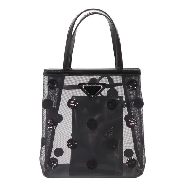 Prada Rete Ricamo Poi Sequin Dot Mesh Tote Bag Black in Black from The Reluxe