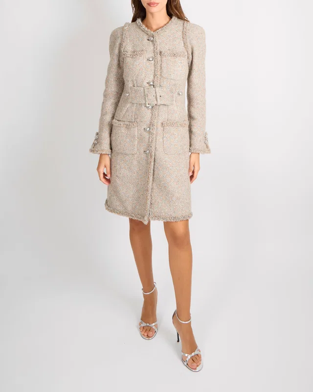 Chanel FW17 Runway Beige Tweed Belted Coat with Clear CC Logo Buttons Size FR 38 (UK 10) in Beige Tweed from Sellier