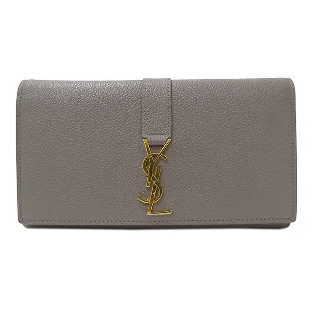 Saint Laurent Wallet Leather Gray Logo Simple in Grey Leather from The Reluxe