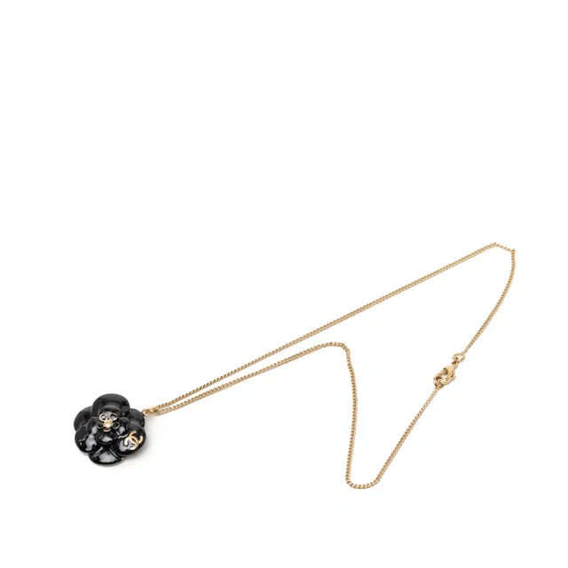 Chanel CC Gold Plated Enamel Camellia Pendant Necklace in Black from Designer Revival