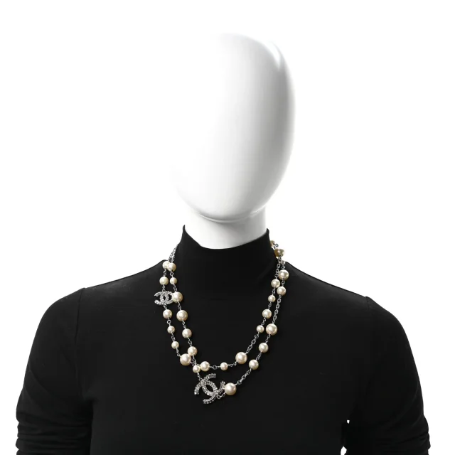 Chanel Graduated Pearl Crystal CC Long Necklace Silver in Silver from FASHIONPHILE, photo 2 of 5