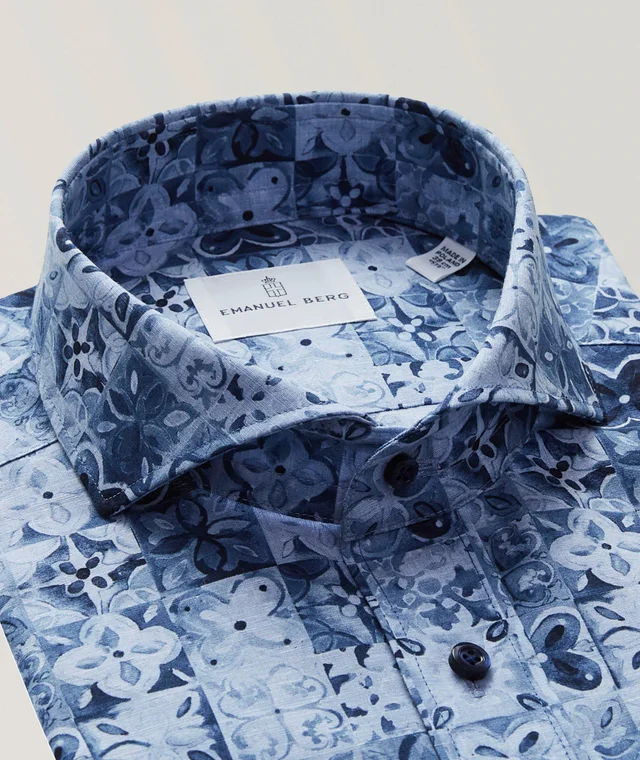 Emanuel Berg Marseille Printed Cotton-Blend Dress Shirt in Mid Blue, photo 2 of 4 from Harry Rosen