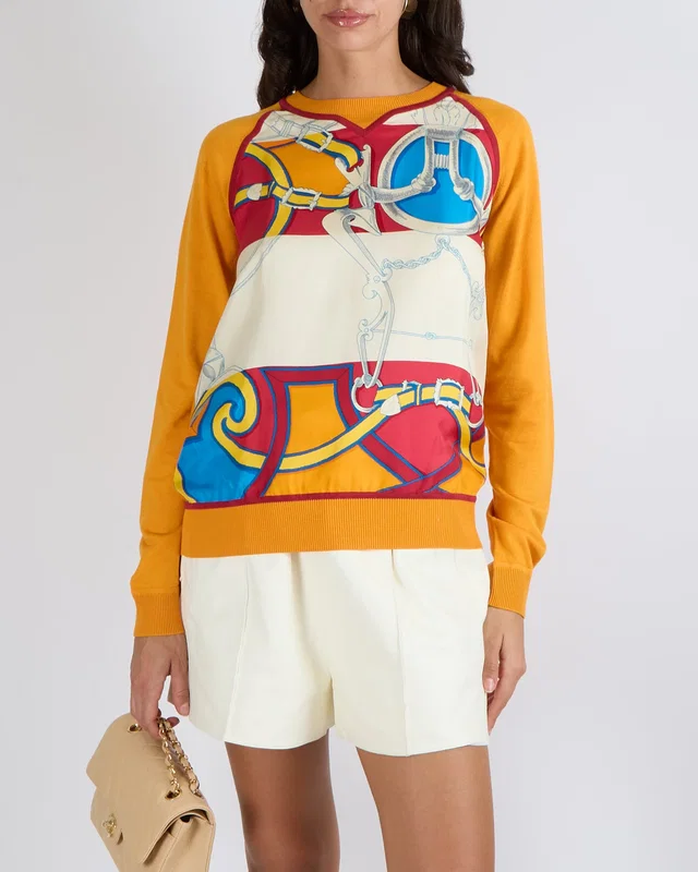 Hermès Orange Knit Jumper with Multi-Colour Silk Printed Panel Size FR 38 (UK 10) in Orange Silk from Sellier
