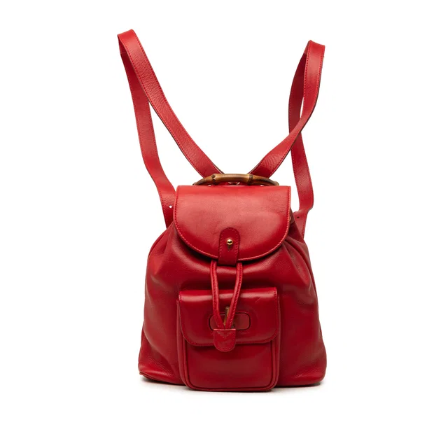 Red Gucci Calfskin Bamboo Drawstring Backpack in Red Calfskin from Designer Revival